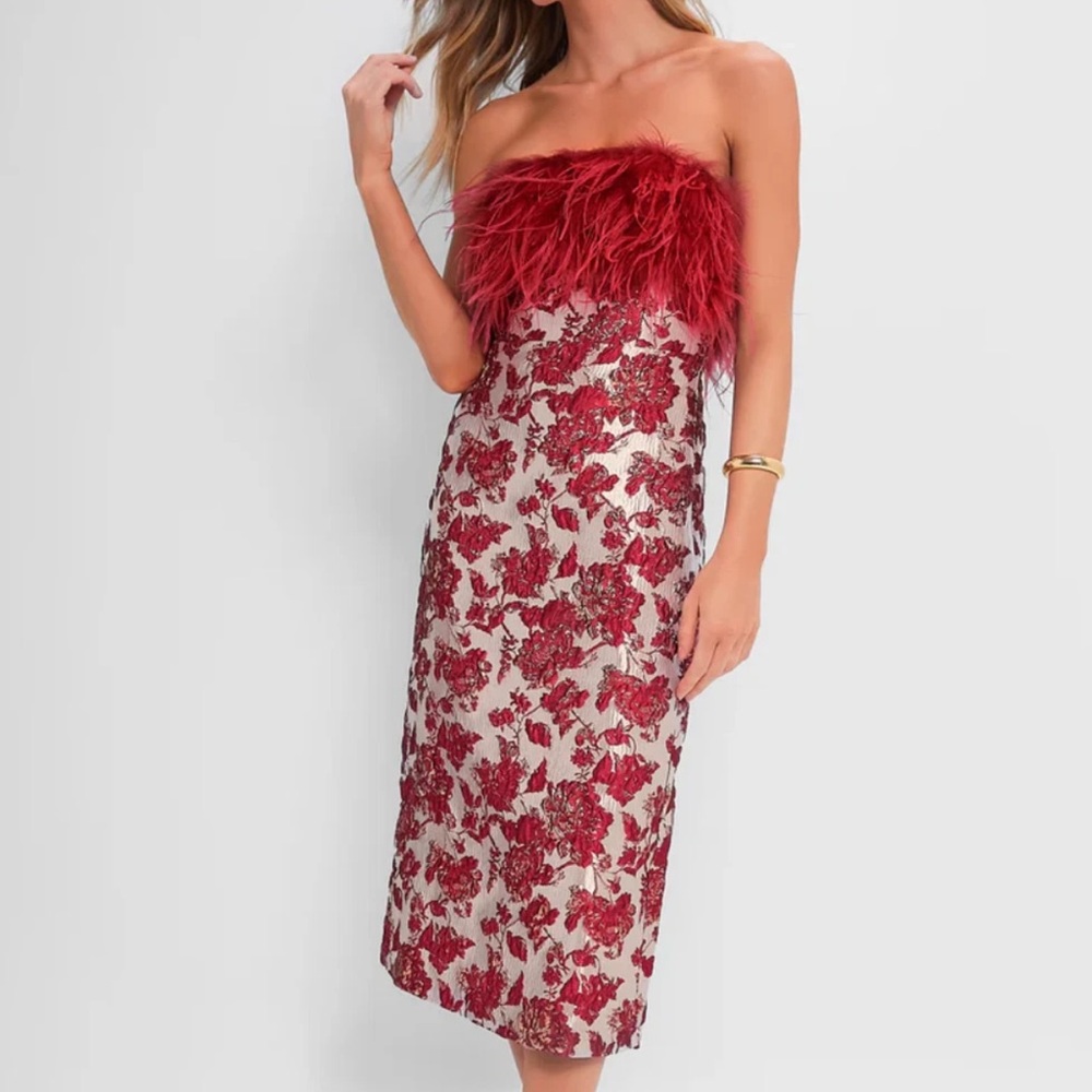 Hyacinth House Red Jacquard Feathered Reina Maxi Dress
